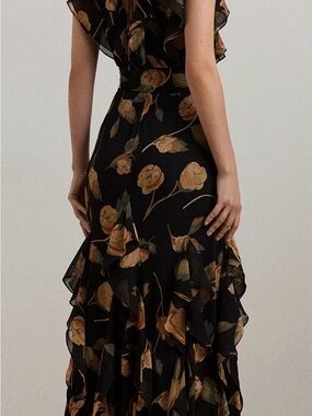 Lauren Ralph Lauren Black Maxi Dress with Mustard Floral Ruffle Hem